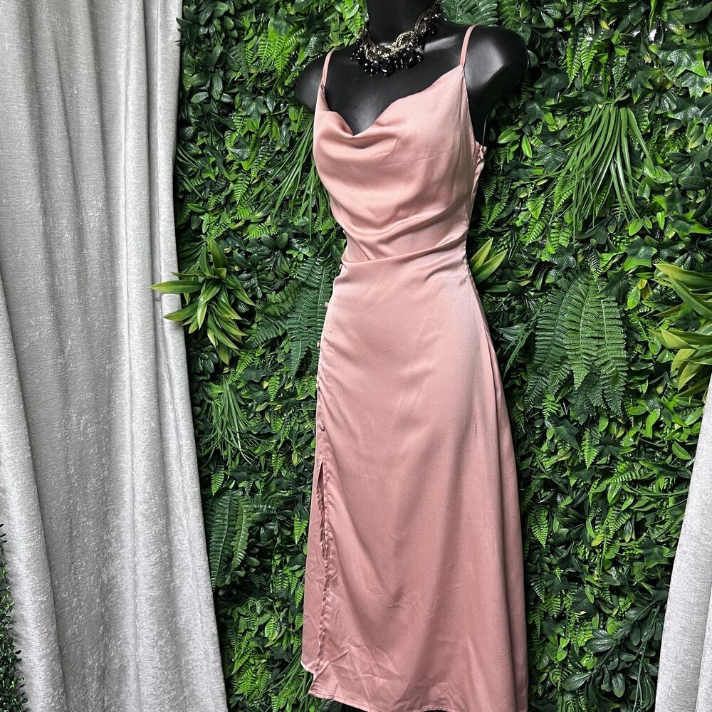 CIDER Dress Women XS Blush Pink Flowy Cowl Neck Boho Slip Dress Side Slit 2648